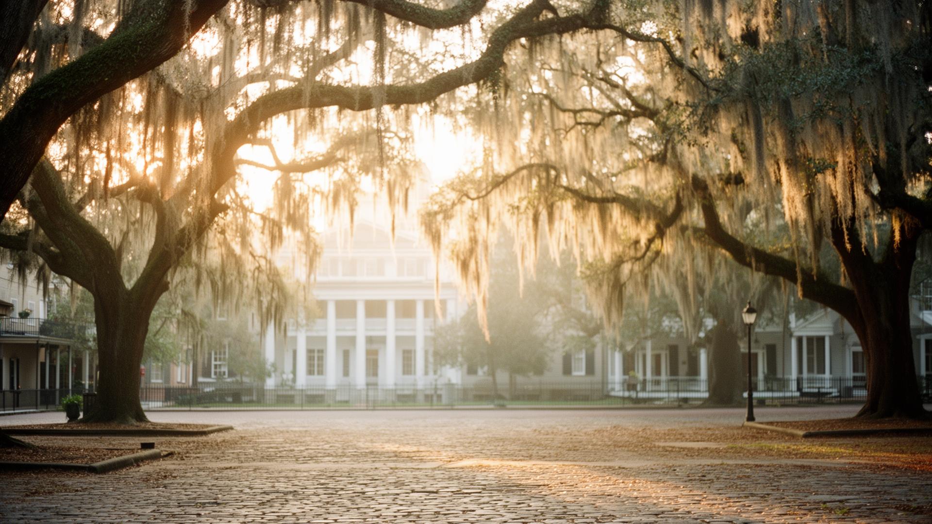 Spanish moss draping over a historic Savannah square at golden hour